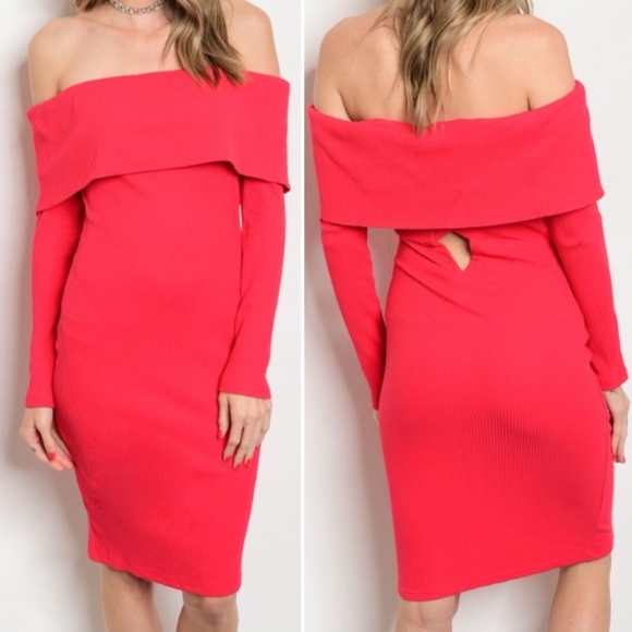 OFF SHOULDER RIBBED RED MIDI DRESS - Picture 1 of 8